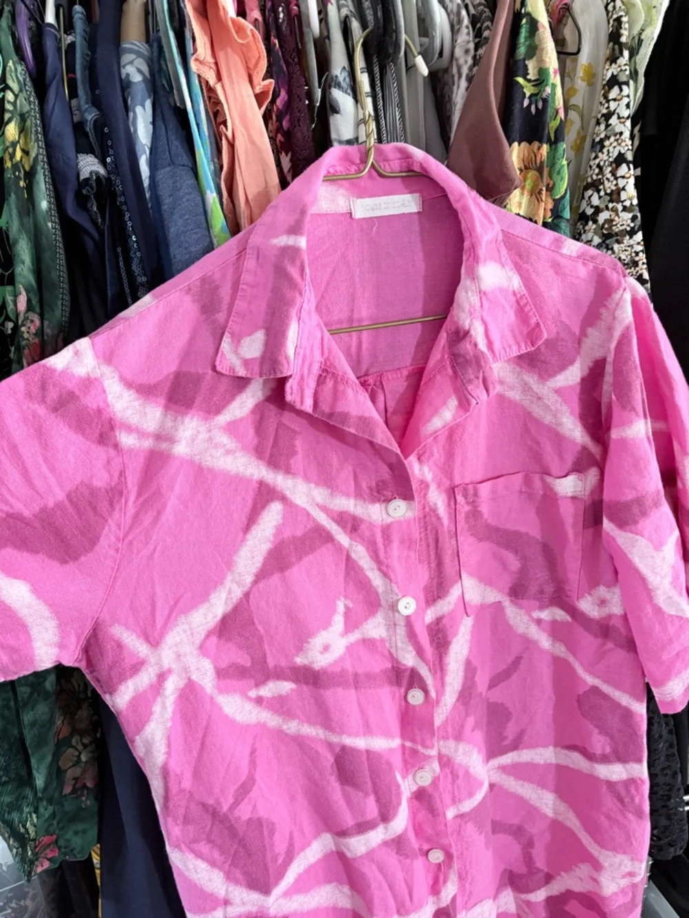 Bright Pink Linen Button-Up Shirt with Brand Label - Picture 3 of 11